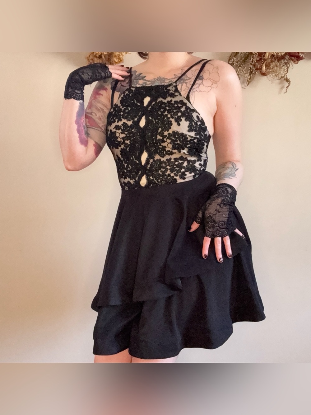 Charlotte Russe Whimsigoth Black and Nude Lace Mini Skater Dress 🖤
